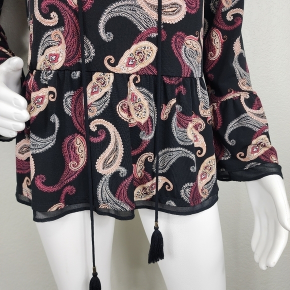 WHBM Paisley Black Bell Sleeve Boho Tunic Top Size M - Picture 4 of 13